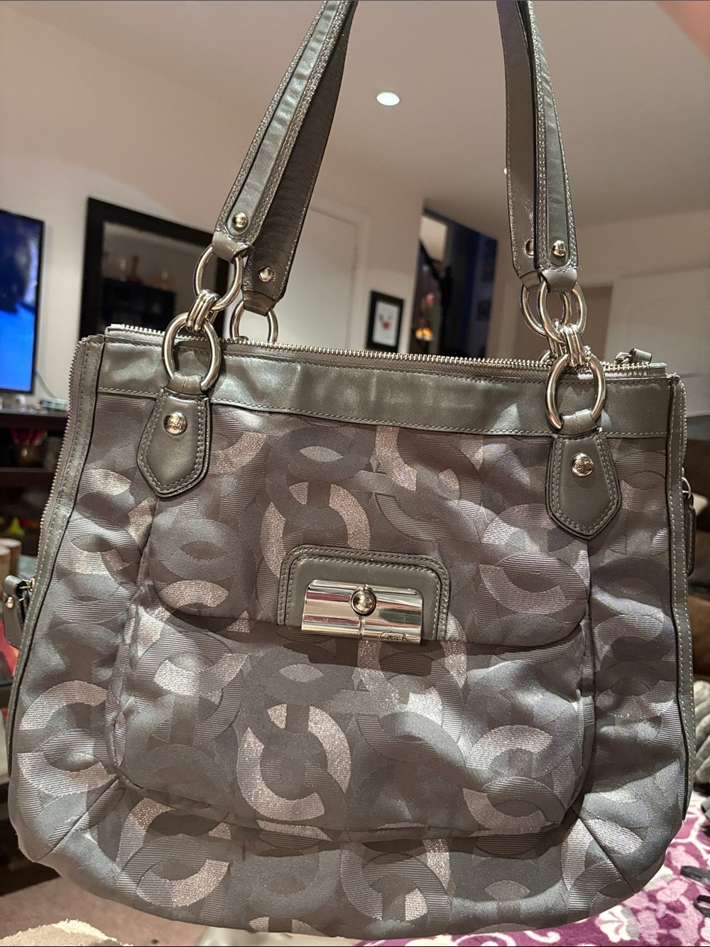 Coach Gray Patterned Shoulder Tote with Silver Hardware
